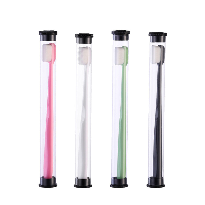 Portable soft-bristled toothbrush, single tube, home care toothbrush with plush bristles.